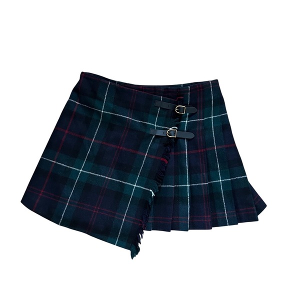 Polo Ralph Lauren Black Plaid Wool Pleated Wrap Mini Skirt Kilt tartan Green 2 - Picture 3 of 8